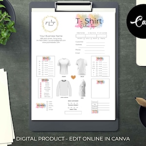 Puede incluir: Una plantilla de formulario de pedido de camiseta imprimible con un fondo de acuarela. El formulario incluye secciones para tallas de adultos y j&oacute;venes, detalles, notas y opciones de pago. El texto "Formulario de pedido de camiseta" est&aacute; en la parte superior del formulario. El texto "Canva" est&aacute; en la esquina superior derecha del formulario.