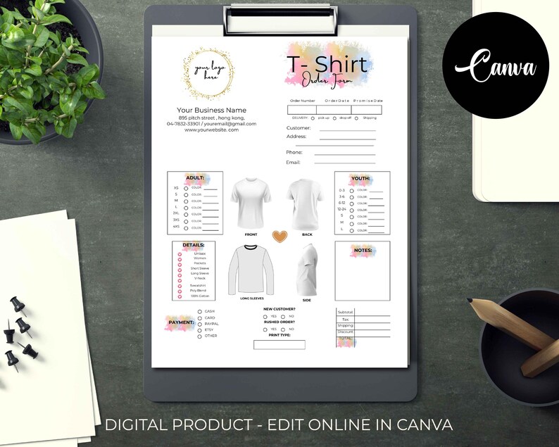 Puede incluir: Una plantilla de formulario de pedido de camiseta imprimible con un fondo de acuarela. El formulario incluye secciones para tallas de adultos y j&oacute;venes, detalles, notas y opciones de pago. El texto "Formulario de pedido de camiseta" est&aacute; en la parte superior del formulario. El texto "Canva" est&aacute; en la esquina superior derecha del formulario.