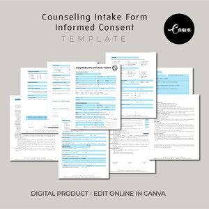 以下が含まれることがあります： カウンセリングの受付フォームテンプレートで、上部に「Counseling Intake Form Informed Consent TEMPLATE」というテキストがあります。このフォームは、Canvaでオンラインで編集できるように設計されています。このフォームには、クライアント情報、連絡先情報、治療への同意に関するセクションが含まれています。