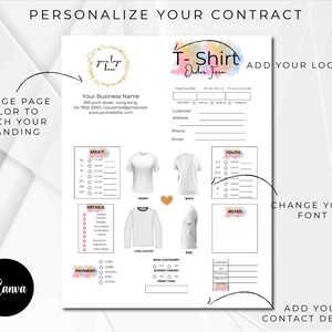 Puede incluir: Una plantilla de formulario de pedido de camiseta personalizable con un dise&ntilde;o de acuarela. El formulario incluye secciones para la informaci&oacute;n del cliente, la talla, el color, el pago y las notas. El texto "Formulario de pedido de camiseta" est&aacute; escrito en una fuente colorida.