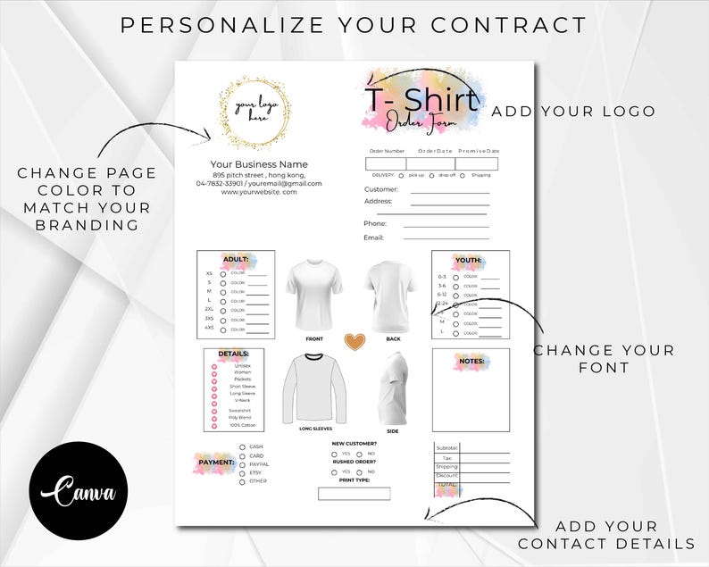 Puede incluir: Una plantilla de formulario de pedido de camiseta personalizable con un dise&ntilde;o de acuarela. El formulario incluye secciones para la informaci&oacute;n del cliente, la talla, el color, el pago y las notas. El texto "Formulario de pedido de camiseta" est&aacute; escrito en una fuente colorida.