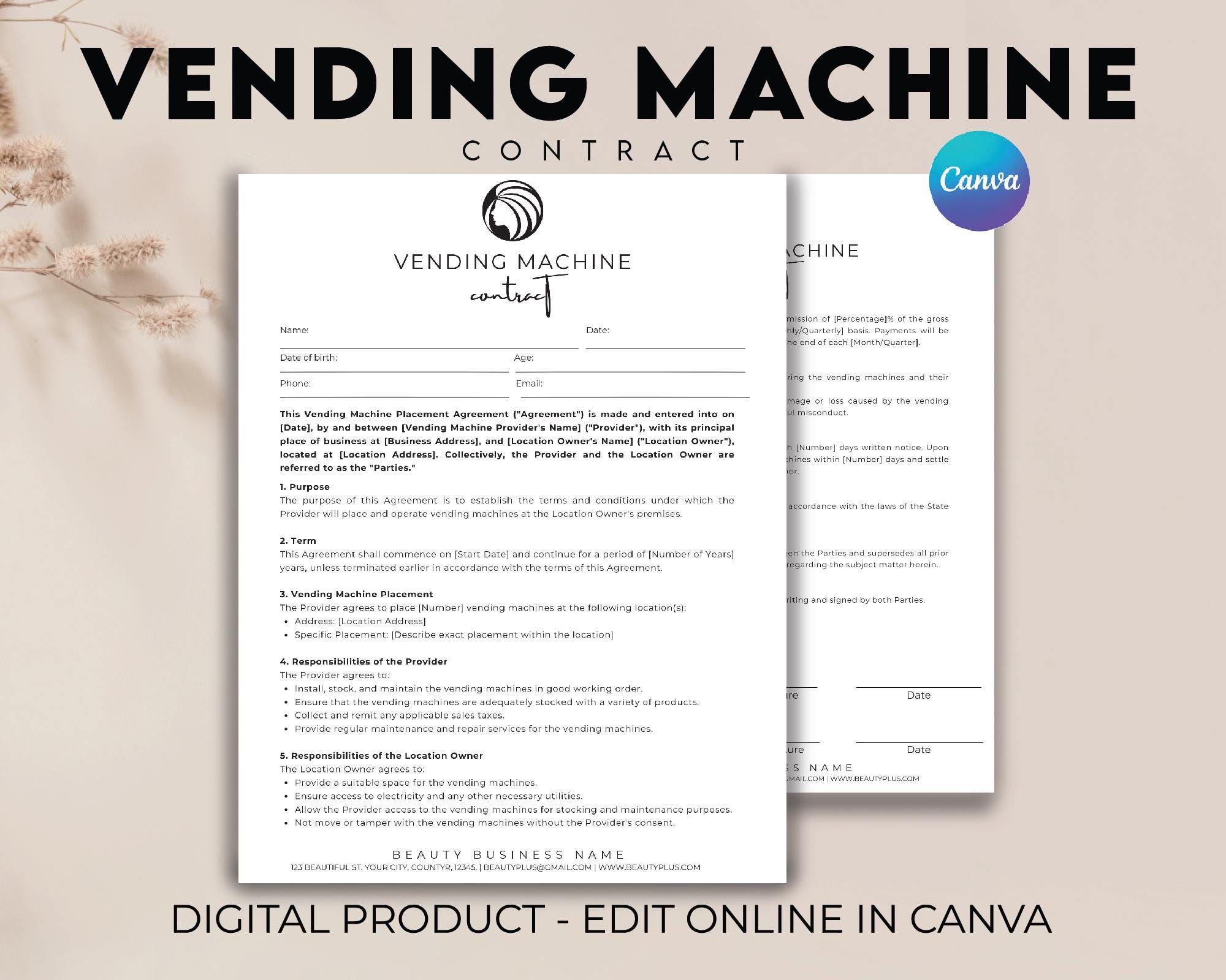 Modèle de contrat de distributeur automatique professionnel, Entreprise de distributeur automatique, Formulaire de location de distributeur automatiqu