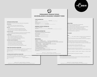 Permanent Make-up-Formulare, bearbeitbare PMU-Einverständniserklärung, Microblading & Shading-Einverständniserklärung, Schönheitssalon-Formulare, Microblading-Beratungsformular