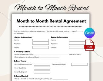 One Page Month to Month Rental Agreement, Rental Contract, Editable ...