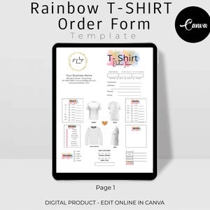 Puede incluir: Una plantilla digital para un formulario de pedido de camiseta. El formulario incluye secciones para los datos del cliente, las tallas, los colores, los detalles, los pagos y las notas. La plantilla est&aacute; dise&ntilde;ada en Canva y presenta un fondo de acuarela con un esquema de color arco&iacute;ris.