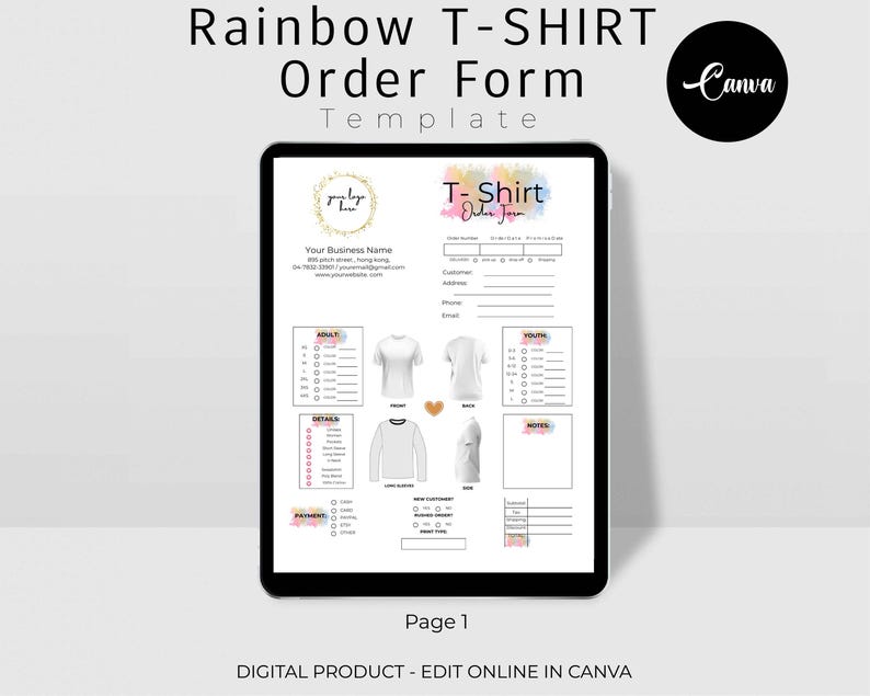 Puede incluir: Una plantilla digital para un formulario de pedido de camiseta. El formulario incluye secciones para los datos del cliente, las tallas, los colores, los detalles, los pagos y las notas. La plantilla est&aacute; dise&ntilde;ada en Canva y presenta un fondo de acuarela con un esquema de color arco&iacute;ris.