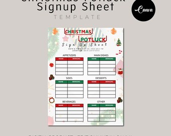 May include: A printable Christmas potluck sign-up sheet template with a festive red and green color scheme. The template includes sections for appetizers, main dishes, sides, desserts, beverages, and other. The text on the template reads "Christmas Potluck Sign Up Sheet" and includes the date and time of the event.