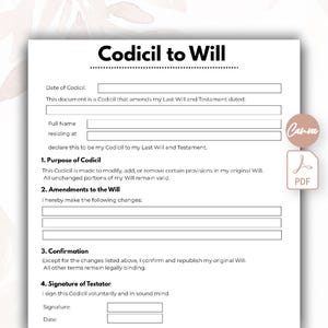 May include: A white legal document titled Codicil to Will with black text and blank fields for date, name, address, and signature. The form includes sections for Purpose of Codicil, Amendments to the Will, Confirmation, and Signature of Testator.