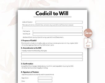 One Page Codicil to Will, Editable Will Codicil Form Template, Will Codicil Forms, Codicil Contract, Codicil Document, Testament Form