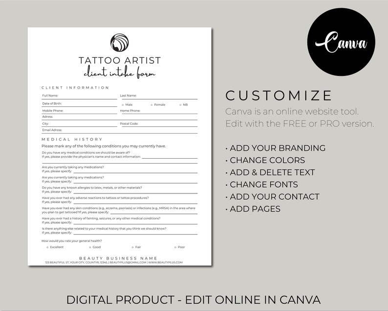 Tattoo Artist forms bundle - Editable!, Tattoo Consent Form, Tattoo Artist Business Forms, Tattoo Consent Document,Tattoo Intake Form. image 6