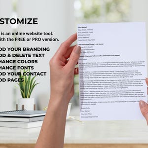May include: A white document held by hands, featuring text and a header. The document is a character reference letter. The image also shows a stack of notebooks, a small plant, and the word "CUSTOMIZE" with editing options.
