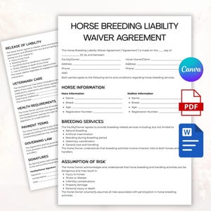May include: A printed Horse Breeding Liability Waiver Agreement on white paper. The document includes sections for horse information, breeding services, and assumption of risk. Canva, PDF, and Word icons are visible.