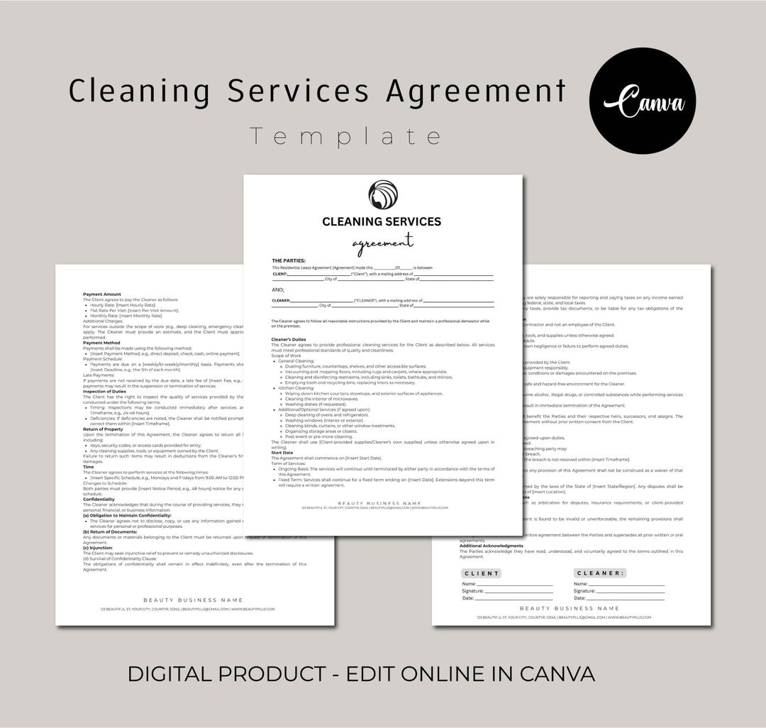 Editable Cleaning Service Agreement, Cleaning Business Agreement Forms ...