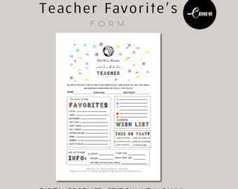 May include: A printable teacher favorite's form with a colorful confetti design. The form includes sections for the child's name, birthday, favorite colors, foods, drinks, hobbies, and classroom wish list.