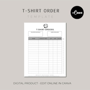 Editable T-shirt Order Form Template, Craft Order Form, Printable Small Business Order Form, Custom T Shirt Order Form, Canva Template
