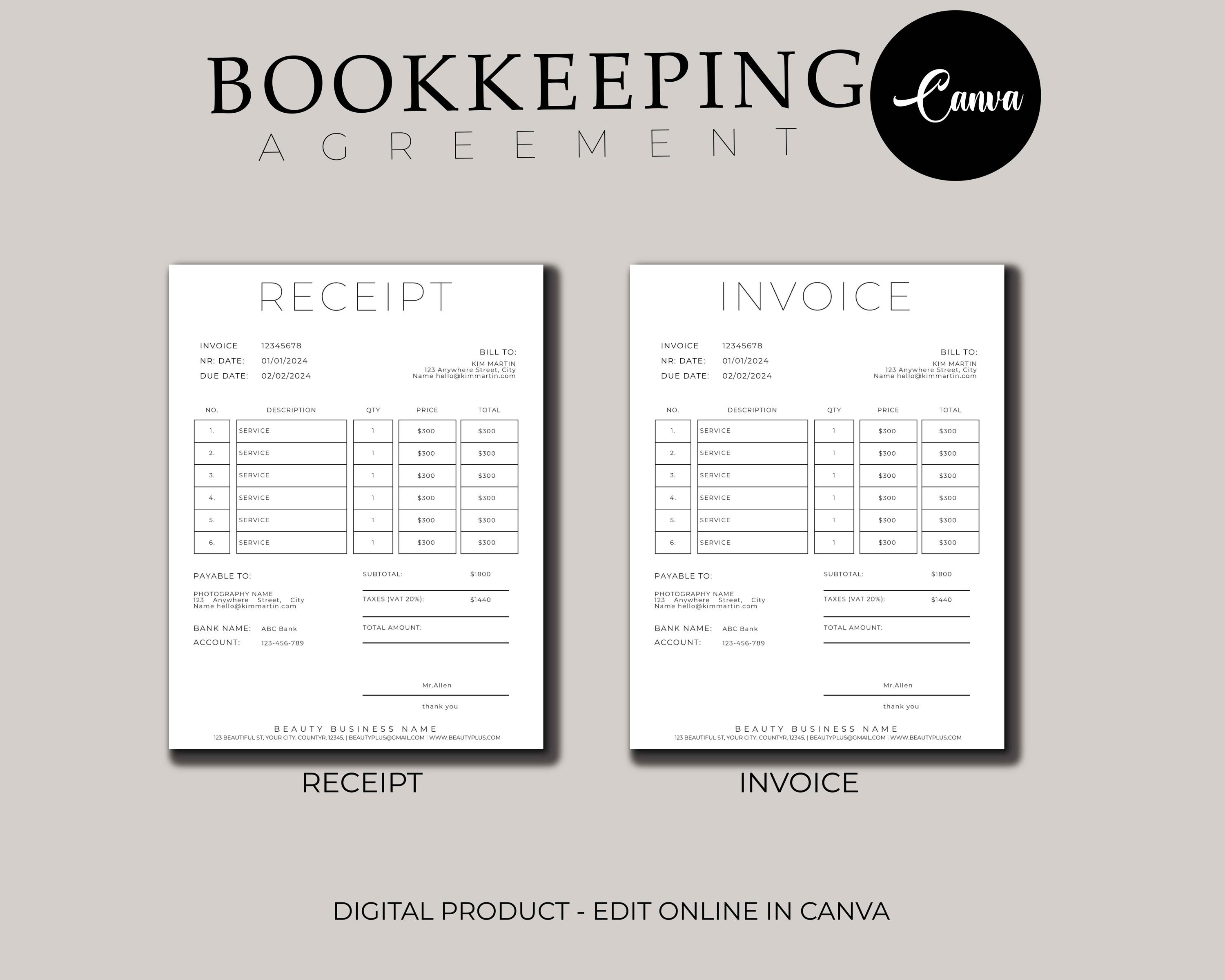 Bookkeeper Sample Invoice Bookkeeping Service Contract, Expense Tracking/budgeting Editable ...
