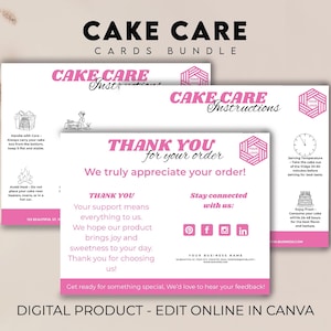 Cake Care Cards Bundle, Editable Cake Cutting Guide Cards, Cake Business Packaging, Printable Cake Business Thank You, Invoice Template