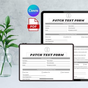 May include: Two digital tablets displaying a "Patch Test Form" in black text on a white background. The form includes fields for client information and treatment details. A green plant in a glass vase is on the left.