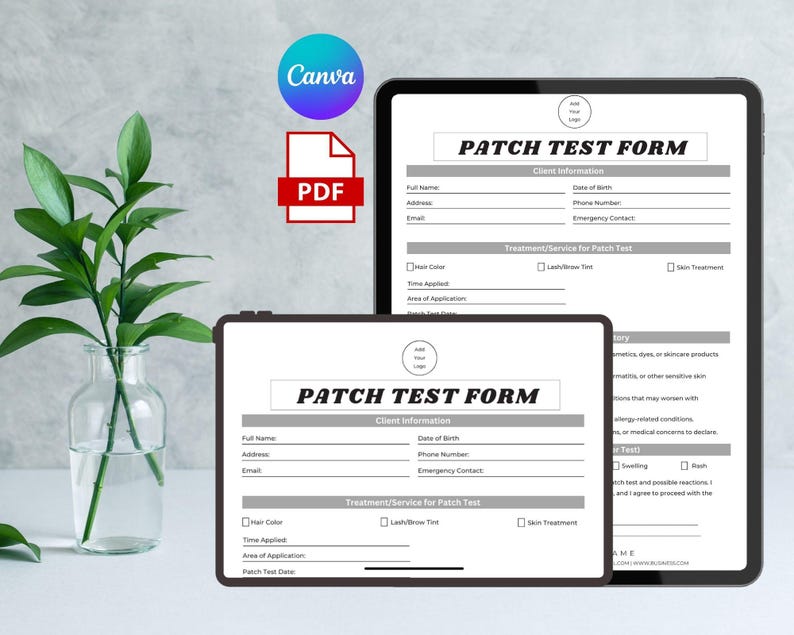 May include: Two digital tablets displaying a "Patch Test Form" in black text on a white background. The form includes fields for client information and treatment details. A green plant in a glass vase is on the left.
