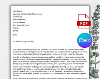 Editable Emotional Support Animal Letter, ESA Housing & Travel Accommodation Template, Companion Pet, Printable Service Animal Authorization