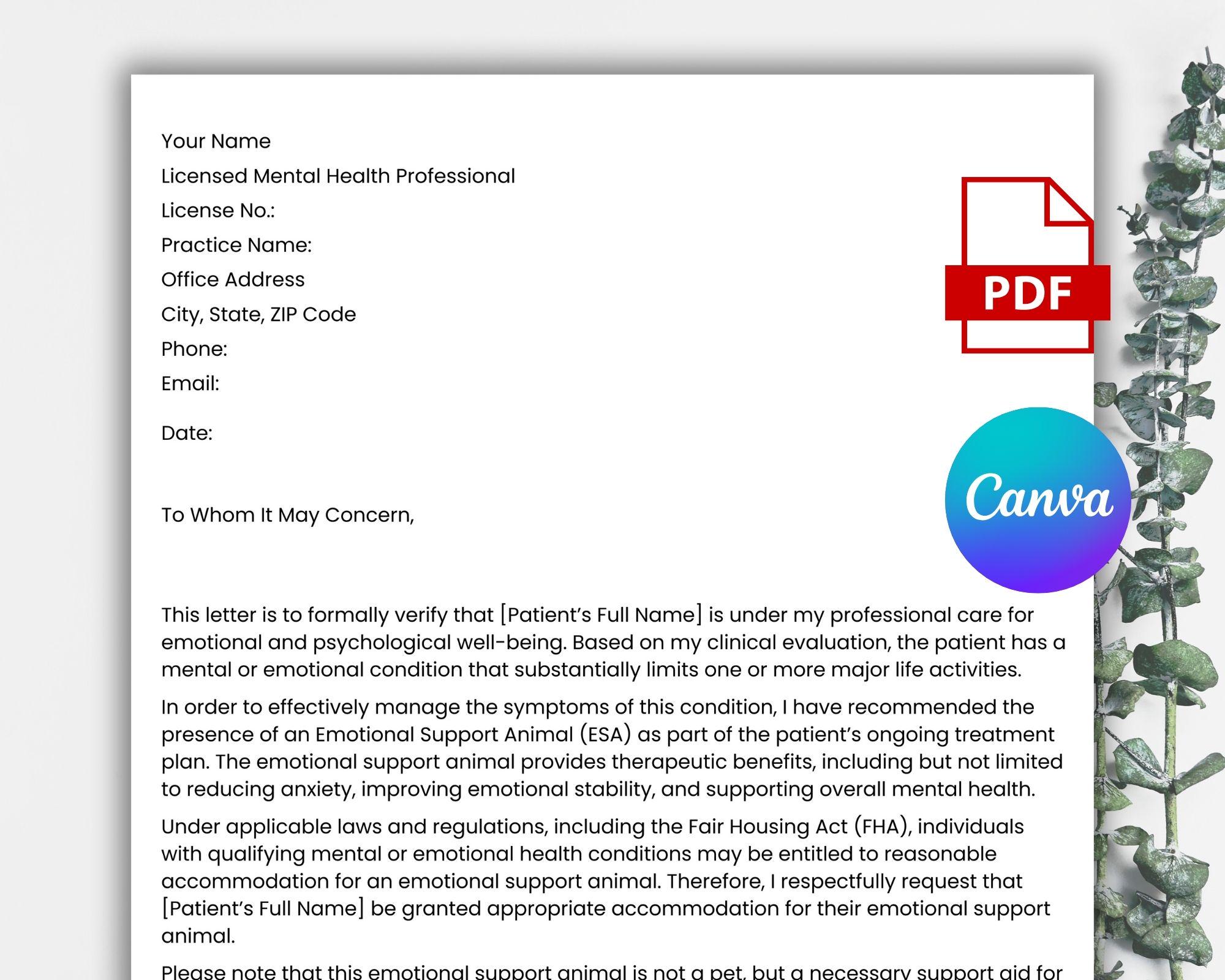 Editable Emotional Support Animal Letter, ESA Housing & Travel ...
