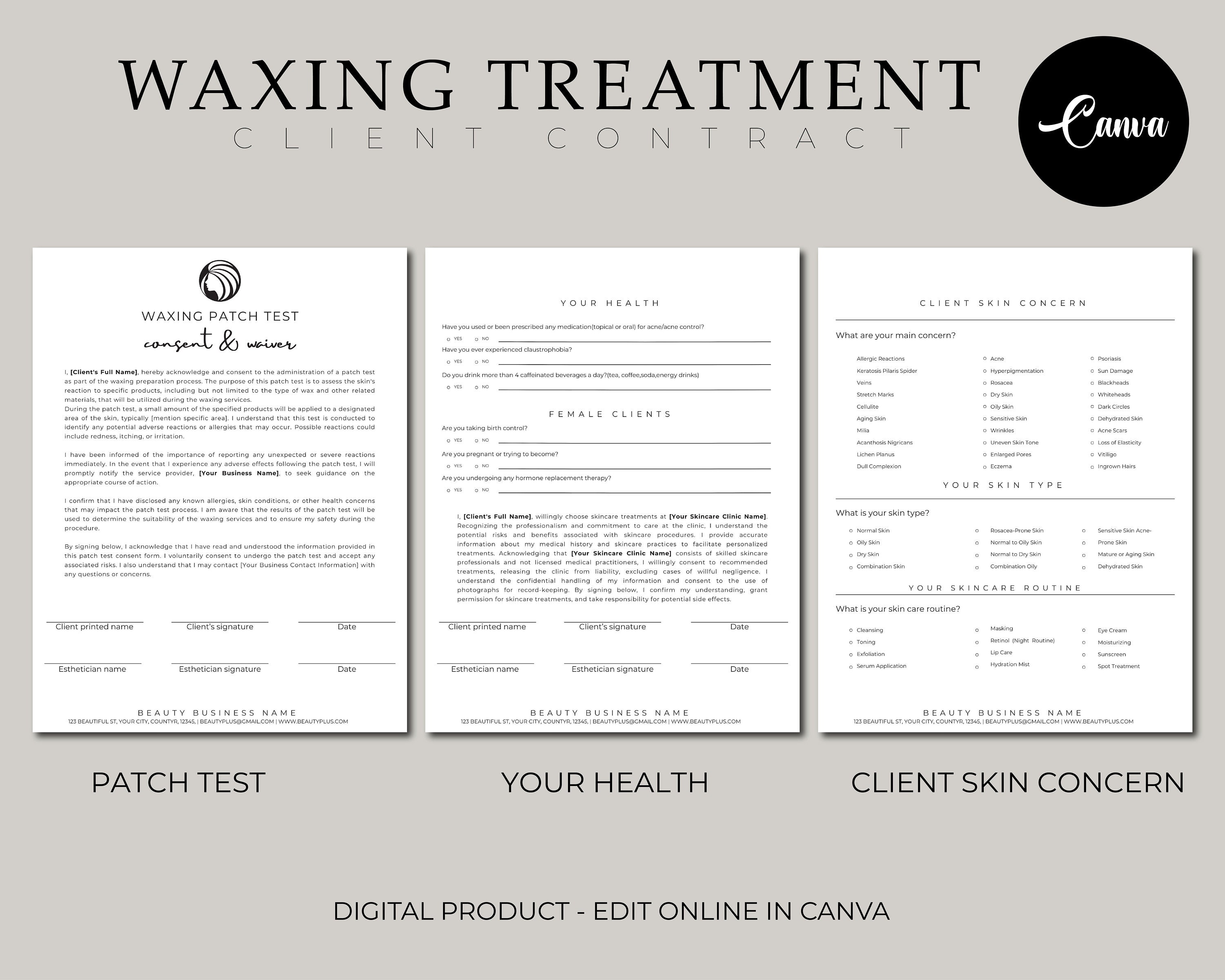 Waxing Treatment Forms, Printable Waxing Consent Forms, Consultation ...