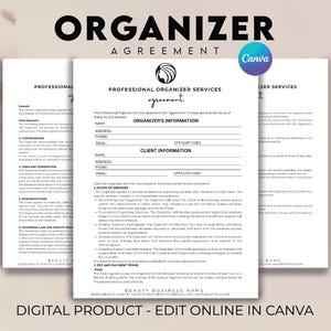 Editable Professional Organizer Contract Template, Organizing Service Agreement, Organizer Client Intake Form, Organising Business Agreement