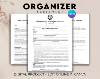Plantilla editable de contrato de organizador profesional, contrato de servicios de organización, formulario de admisión de clientes de organizador, contrato comercial de organización