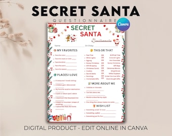 Editable Secret Santa Questionnaire, Office Gift Exchange Form, Secret Santa Form, Christmas Survey,  Xmas Gift Forms, Secret Santa Form