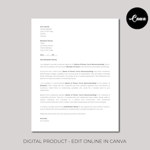 Carta de referencia de carácter profesional, carta de recomendación de carácter editable, plantilla de referencia de carácter, plantilla de carta de carácter