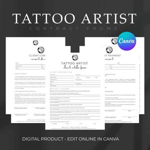 Op de afbeelding: Twee zwart-witte tattoo-artiest intakeformulieren met de tekst "TATTOO ARTIST client intake form" en "IT PAYMENT consent" op een witte achtergrond. De formulieren zijn ontworpen om te worden bewerkt in Canva.