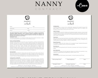 Editable Nanny Contract Template, Nanny Agreement Worksheet, Childcare Contract, Babysitter Service Agreement, Editable Canva Template