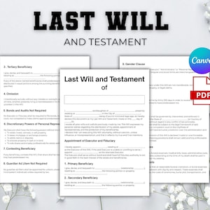 Może przedstawiać: Szablon dokumentu testamentu z tekstem „LAST WILL AND TESTAMENT” u góry. Dokument jest biały z czarnym tekstem i zawiera sekcje dla beneficjentów i klauzul prawnych. Widoczne jest również logo Canva i PDF.
