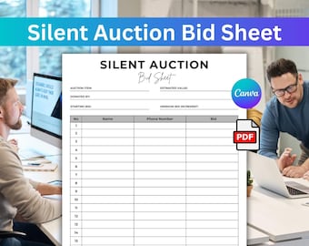 Editable Silent Auction Bid Sheet, Fundraiser sheet, Silent auction bidding sheet,  Silent Auction Sign up, Silent Auction Sheet, Canva