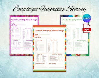 May include: Three colorful printable "Employee Favorites Survey" forms. Each form has a different border design and includes sections for favorite things, basic preferences, and work preferences. The Canva and PDF logos are visible.