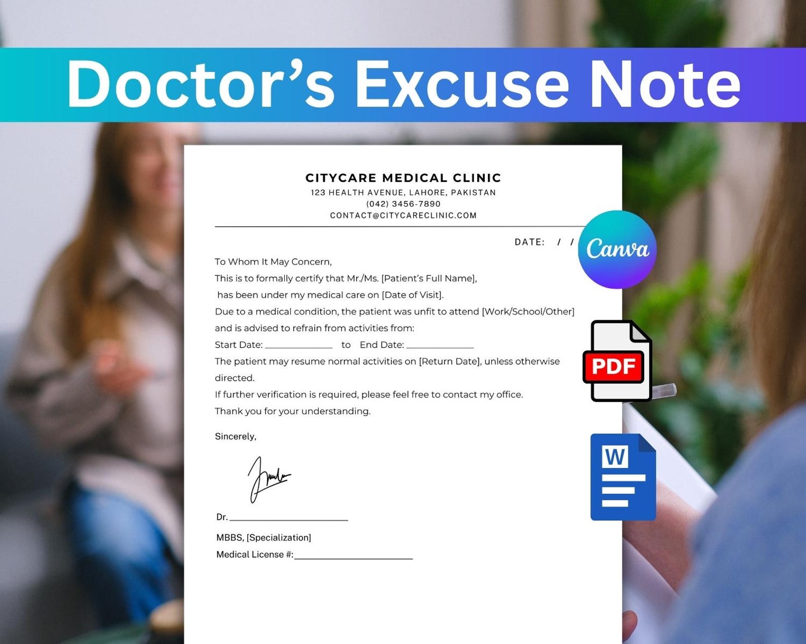 Doctors Note Urgent Care Template, Doctor’s Excuse Note, Fillable