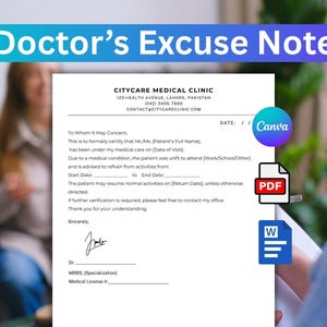 May include: A doctor's excuse note template with the text "Doctor's Excuse Note" at the top. The document includes fields for patient information, dates, and a medical professional's signature. Icons for PDF and Word document formats are also visible.