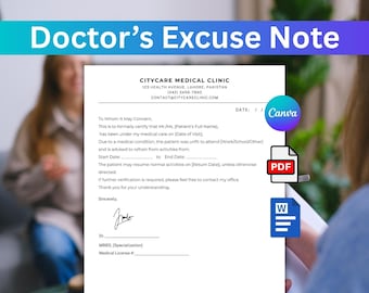 May include: A doctor's excuse note template with the text "Doctor's Excuse Note" at the top. The document includes fields for patient information, dates, and a medical professional's signature. Icons for PDF and Word document formats are also visible.