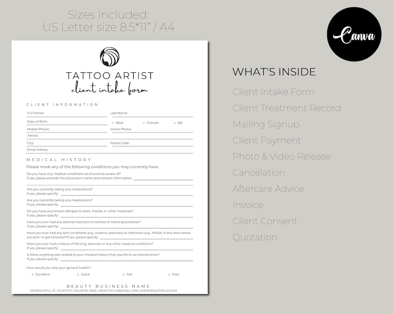 Tattoo Artist forms bundle - Editable!, Tattoo Consent Form, Tattoo Artist Business Forms, Tattoo Consent Document,Tattoo Intake Form. image 4