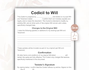 Editable Codicil to Will Template, One Page Will Codicil Form, Editable Codicil to Will, Codicil Contract Document, Last Will Testament