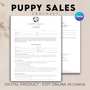 Puppy Sale Contract Agreement, Puppy Sales Agreement, Puppy Deposit Forms, Puppy Adoption Agreement, Dog Breeder Contract, Dog Purchase Form
