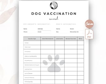 Dog Vaccination Record Form, Editable Proof Of Vaccination, Puppy Shot Record Form, Vaccination Certificate for Dogs, Pet Immunization