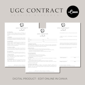 May include: A black and white contract template for User Generated Content (UGC) creators. The document includes sections for confidentiality, termination, engagement of services, scope of services, content requirements, compensation, intellectual property rights, and dispute resolution. The document is titled "UGC Contract" and "UGC Creator Contract".