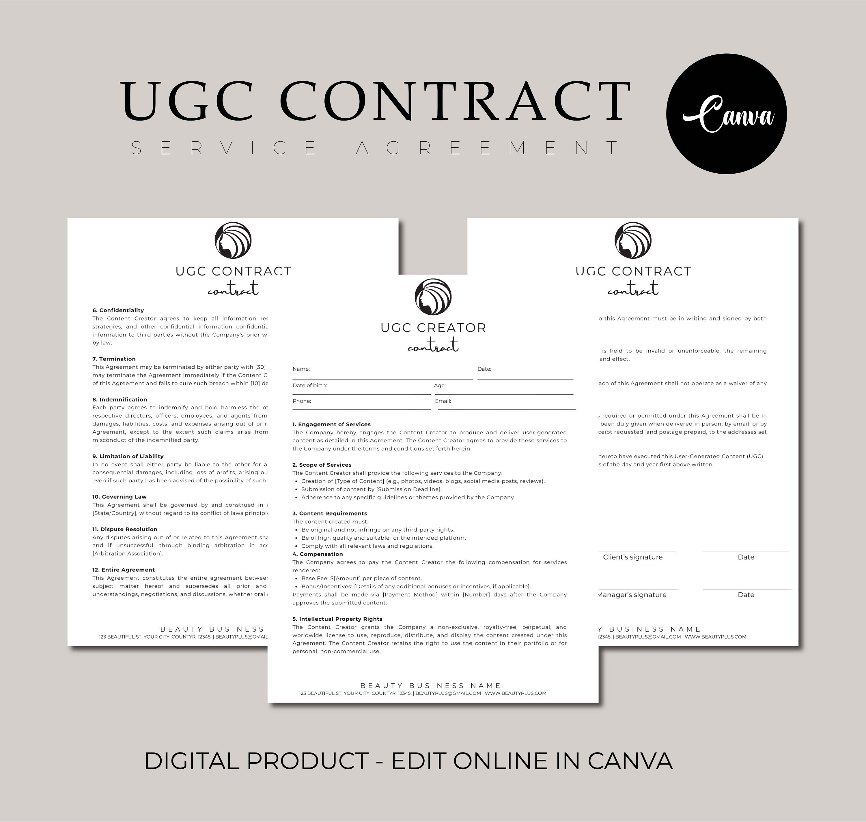 Professional UGC Creator Contract Template, Creator Agreement Template, UGC Contract, Influencer Contract Template, User Generated Content