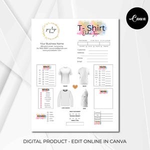 Puede incluir: Un formulario de pedido de camiseta imprimible con un fondo de acuarela. El formulario incluye secciones para la información del cliente, los detalles del pedido, el pago y las notas. También incluye una tabla de tallas para tallas de adultos y niños.