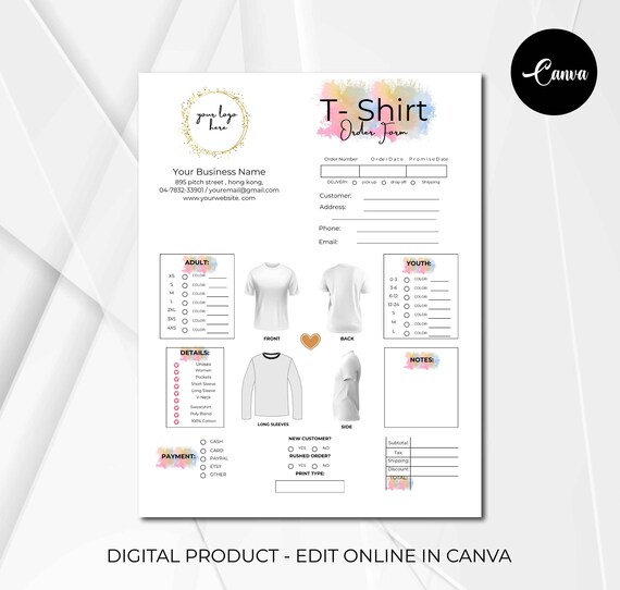 Rainbow T-SHIRT Order Form Template, Rainbow T-Shirt Invoice Form, Modern Printable Order Form, Rainbow T shirt Business From, Canva Receipt