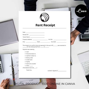 Formulario de recibo de alquiler editable e imprimible, plantilla de recibo de alquiler de propietario, recibo de alquiler de inquilino, recibo de pago de alquiler, factura, recibo de Canva
