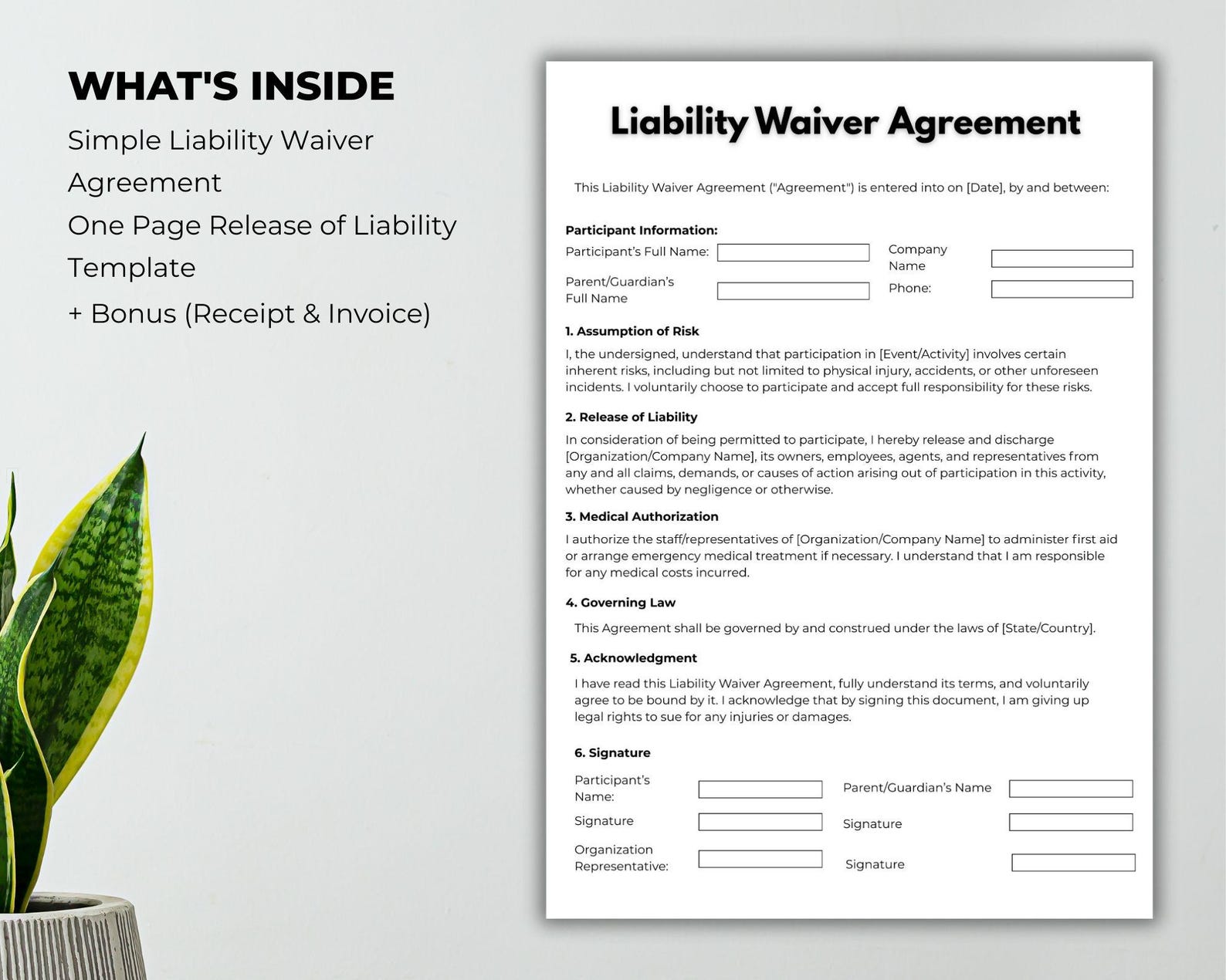 Simple Liability Waiver Agreement, One Page Release of Liability Form ...