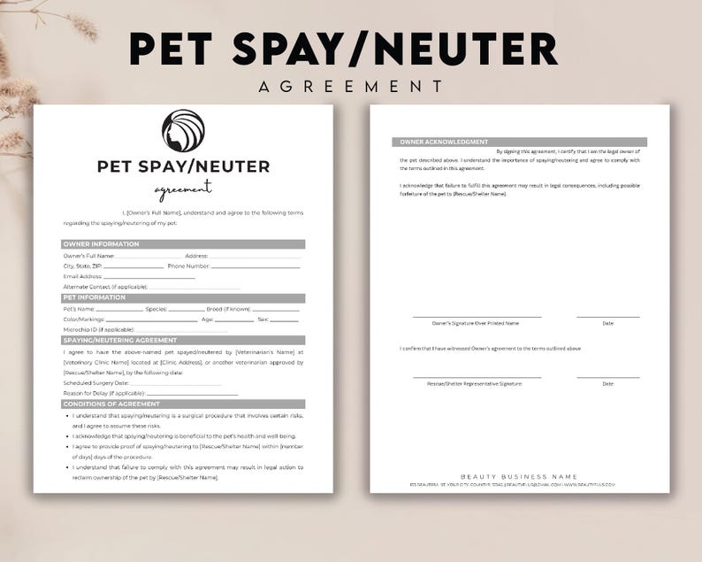 Pet Spay or Neuter Agreement Form, Spay Neuter Contract Template