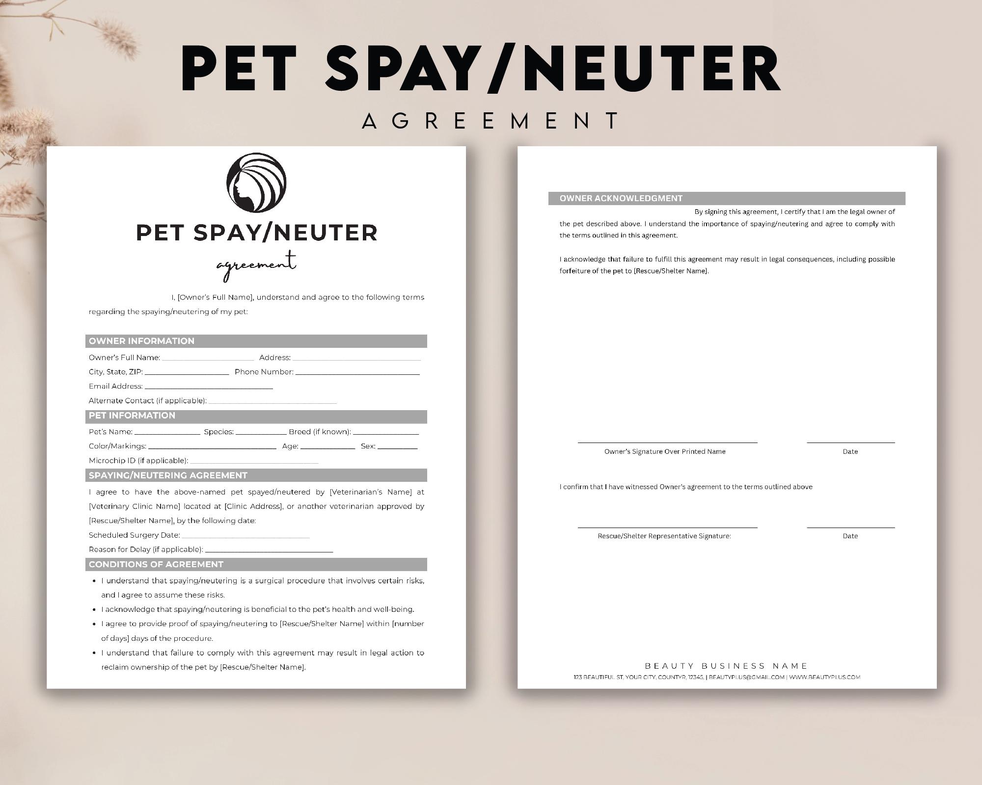 Pet Spay or Neuter Agreement Form, Spay Neuter Contract Template